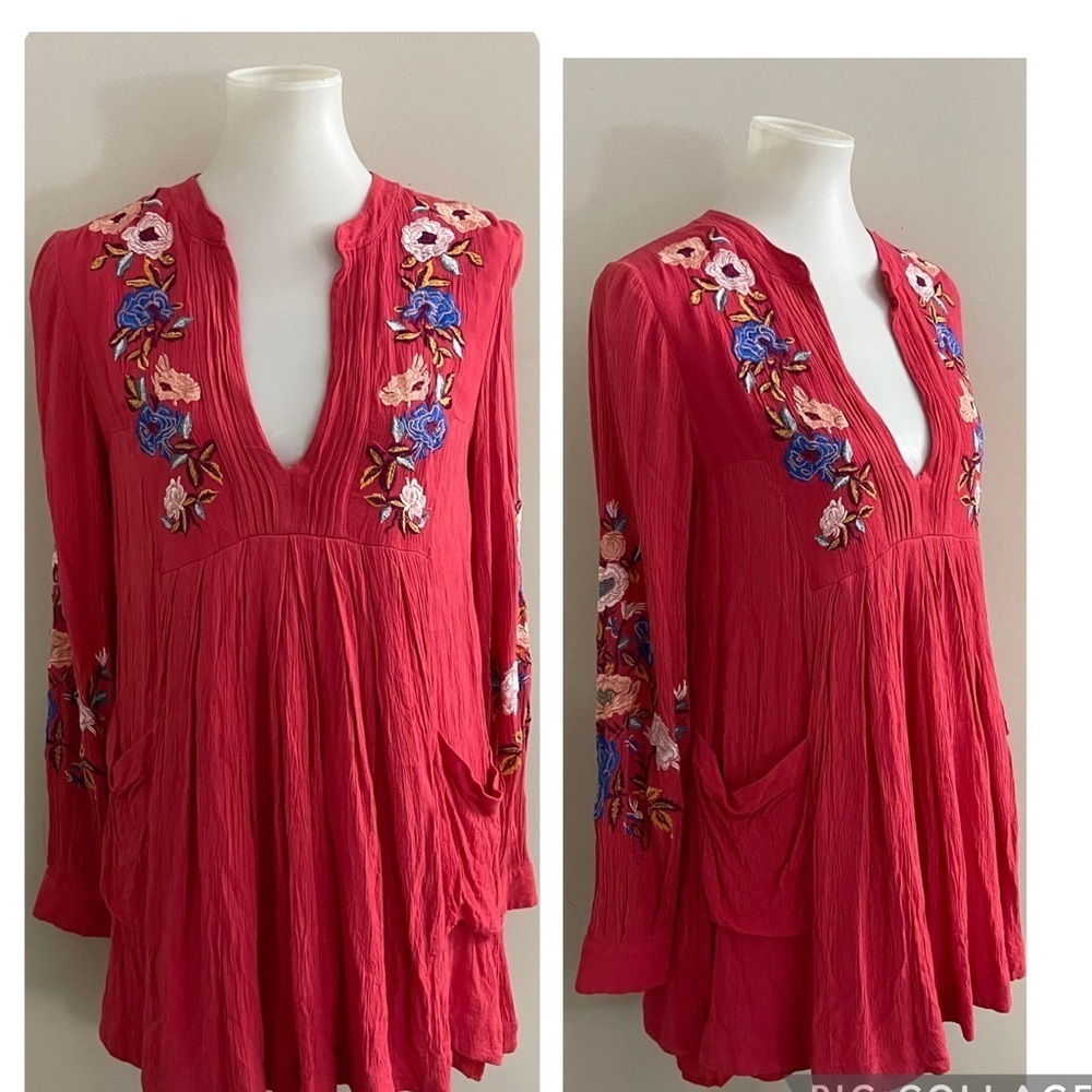 Free People Coral Red Embellished Long Sleeve Mini Dress Boho Festival Vacation